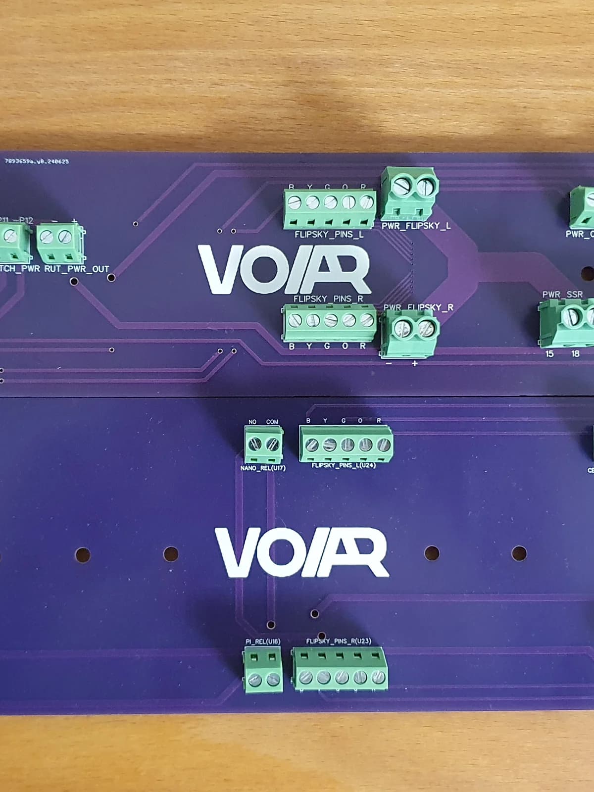 The robot's two circuit boards, with the VOIAR logo