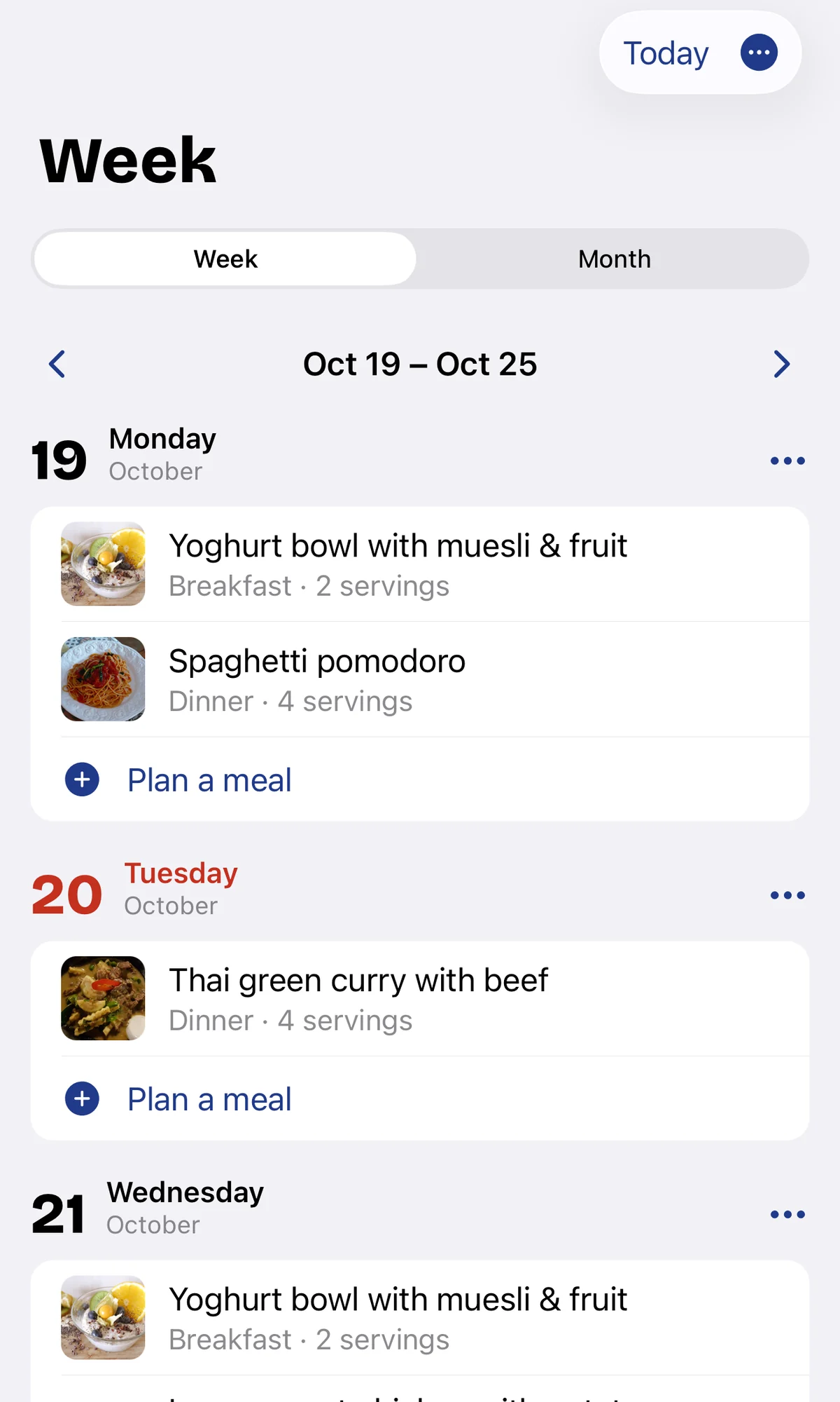 ListiMate meal plan for the week