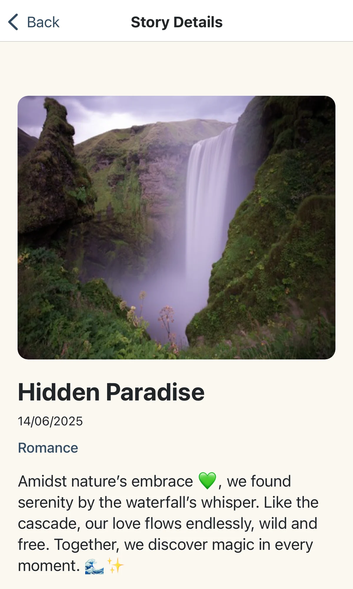 Storify, a short story written from a waterfall photo